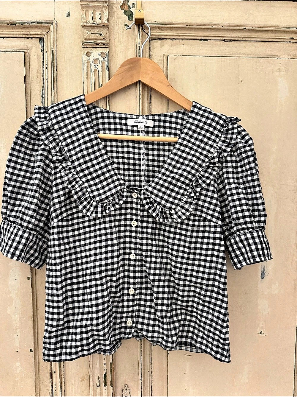 Madewell Gingham Ruffle Blouse in Black & White